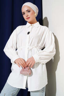 Pazarium - Gizli Düğmeli İp Kuşaklı Gömlek Beyaz