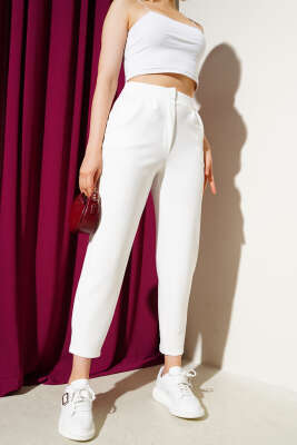 Pazarium - Düğmeli Dar Paça Pantolon Ekru