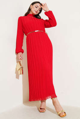 Pazarium - Örgü Kuşaklı Pileli Şifon Elbise Kırmızı