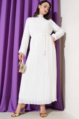 Pazarium - Örgü Kuşaklı Pileli Şifon Elbise Ekru