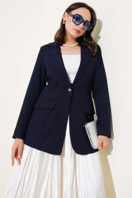 Pazarium - Cep Kapaklı Tek Düğmeli Blazer Ceket Lacivert