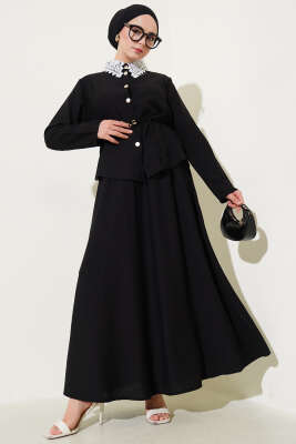 Pazarium - Dantel Yaka Etekli İkili Takım Siyah