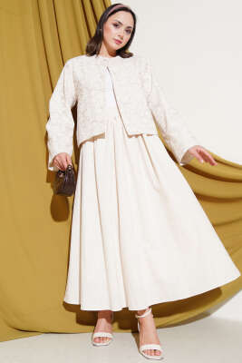 Pazarium - Desen Nakışlı Etekli Ceket İkili Takım Taş