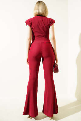 Omuz Vatkalı Toka Detaylı Crop Takım Bordo - Thumbnail