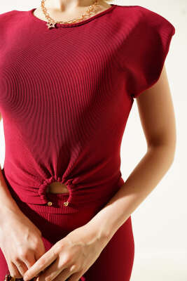 Omuz Vatkalı Toka Detaylı Crop Takım Bordo - Thumbnail