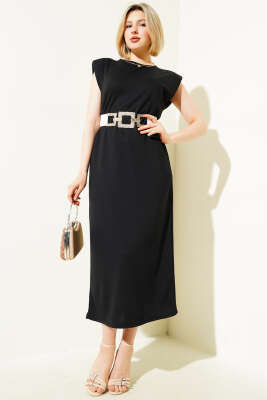 Omuz Vatkalı Kolsuz Basic Elbise Siyah - Thumbnail