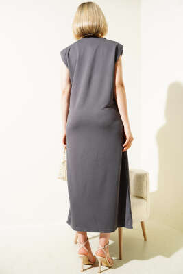 Omuz Vatkalı Kolsuz Basic Elbise Füme - Thumbnail