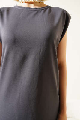 Omuz Vatkalı Kolsuz Basic Elbise Füme - Thumbnail