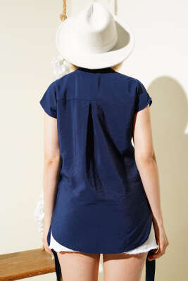 Kendinden Kuşaklı Kolsuz Gömlek Lacivert - Thumbnail