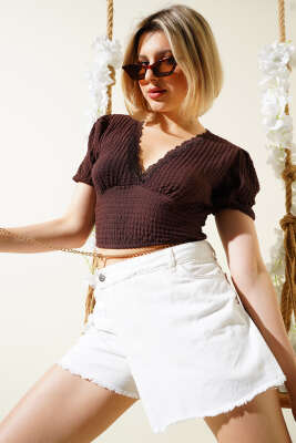 Pazarium - Dantelli V Yaka Gofre Crop Kahve