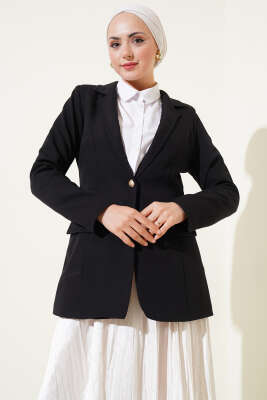 Pazarium - Cep Kapaklı Tek Düğmeli Blazer Ceket Siyah