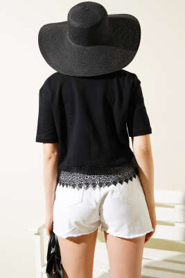 Eteği Dantel Detaylı Crop Siyah - Thumbnail