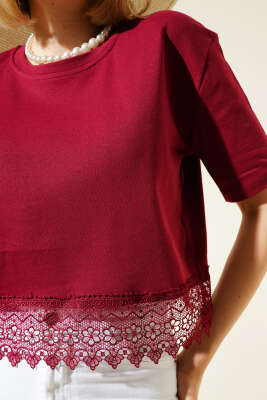 Eteği Dantel Detaylı Crop Bordo - Thumbnail