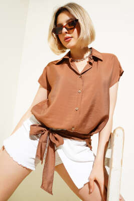 Kendinden Kuşaklı Kolsuz Gömlek Kahve - Thumbnail