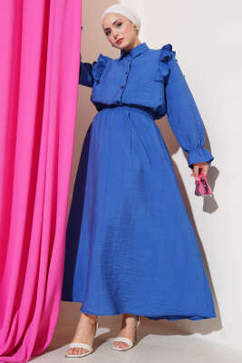 Pazarium - Omuz Fırfırlı Etekli İkili Takım Indıgo