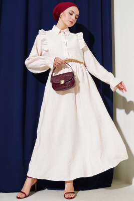 Pazarium - Omuz Fırfırlı Etekli İkili Takım Bej