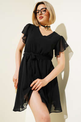 Şifon Belden Bağlamalı Elbise Siyah - Thumbnail