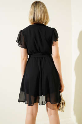 Şifon Belden Bağlamalı Elbise Siyah - Thumbnail