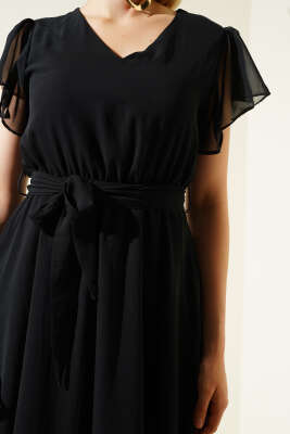 Şifon Belden Bağlamalı Elbise Siyah - Thumbnail