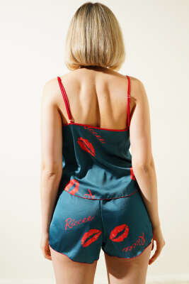 Dudaklı Askılı Saten Pijama Takım Zümrüt - Thumbnail