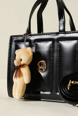 Ayıcıklı Dikişli Kare Çanta Siyah - Thumbnail