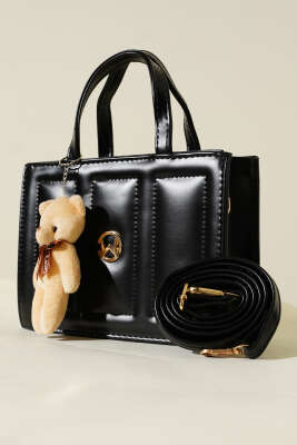 Ayıcıklı Dikişli Kare Çanta Siyah - Thumbnail