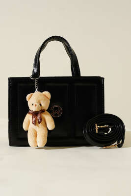 Ayıcıklı Dikişli Kare Çanta Siyah - Thumbnail