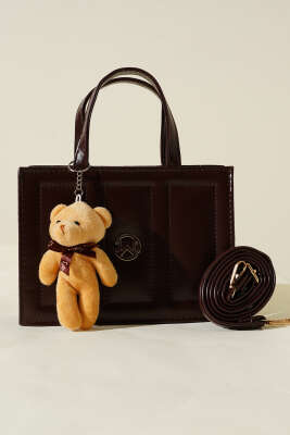 Ayıcıklı Dikişli Kare Çanta Acı Kahve - Thumbnail