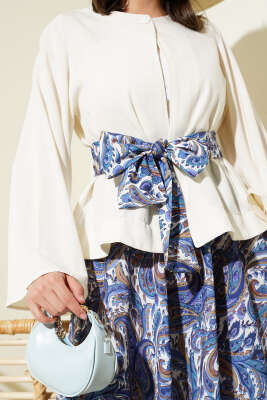 Etnik Desenli Kuşaklı Etekli İkili Takım Lila - Thumbnail