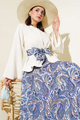 Etnik Desenli Kuşaklı Etekli İkili Takım Lila - Thumbnail