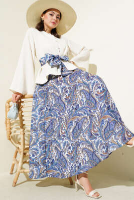 Etnik Desenli Kuşaklı Etekli İkili Takım Lila - Thumbnail