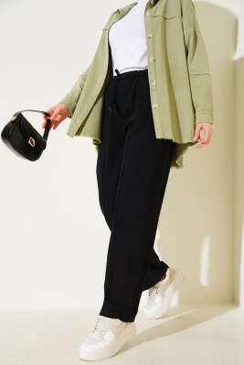 Pazarium - Bel Lastikli Çımalı Kot Pantolon Siyah