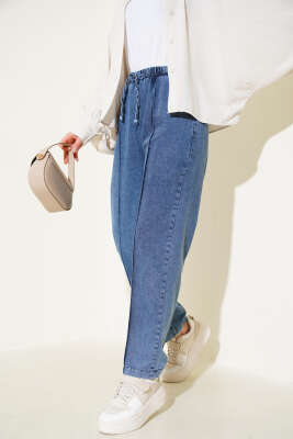 Pazarium - Bel Lastikli Çımalı Kot Pantolon Mavi