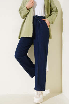 Pazarium - Bel Lastikli Çımalı Kot Pantolon Lacivert