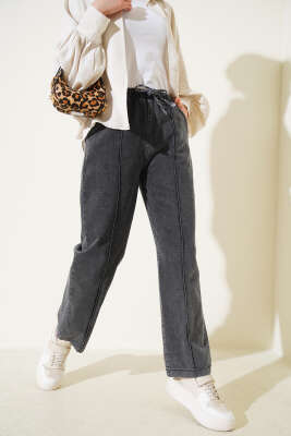 Pazarium - Bel Lastikli Çımalı Kot Pantolon Füme