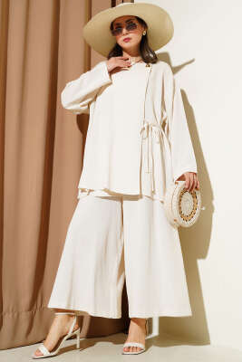 Yanı İp Bağcıklı Salaş İkili Takım Bej - Thumbnail