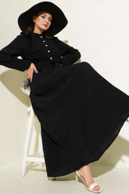 Pazarium - Bel Lastikli Fırfırlı Düğmeli Elbise Siyah