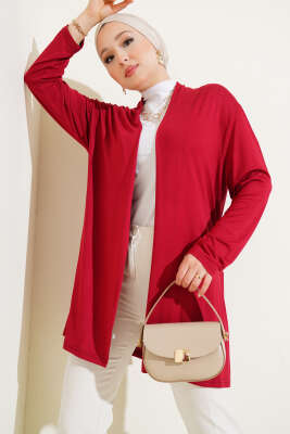 Pazarium - Kendinden Kuşaklı Basic Hırka Bordo