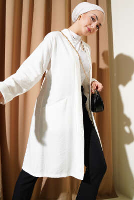 Pazarium - Önü Açık Cepli Hırka Beyaz