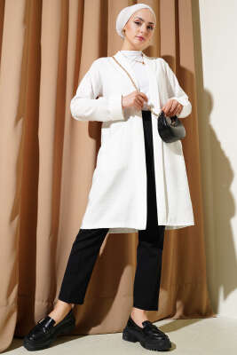 Önü Açık Cepli Hırka Beyaz - Thumbnail