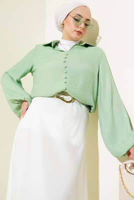 Bebe Yaka Düğme Detaylı Gofre Bluz Fıstık Yeşili - Thumbnail