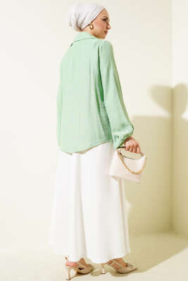 Bebe Yaka Düğme Detaylı Gofre Bluz Fıstık Yeşili - Thumbnail