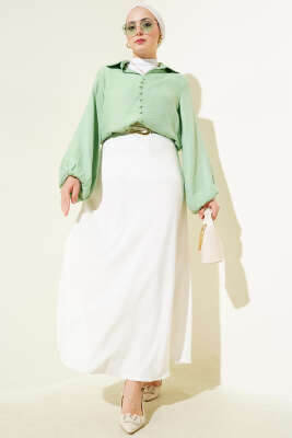 Bebe Yaka Düğme Detaylı Gofre Bluz Fıstık Yeşili - Thumbnail