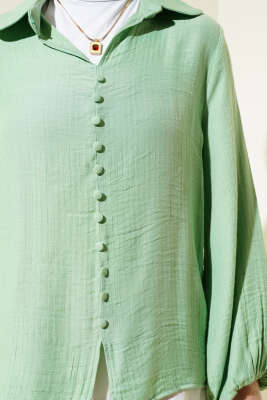 Bebe Yaka Düğme Detaylı Gofre Bluz Fıstık Yeşili - Thumbnail