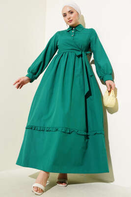 Pazarium - Yarım Düğmeli Fırfırlı Yandan Bağlamalı Elbise Yeşil