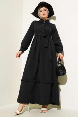 Pazarium - Yarım Düğmeli Fırfırlı Yandan Bağlamalı Elbise Siyah