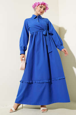 Pazarium - Yarım Düğmeli Fırfırlı Yandan Bağlamalı Elbise Saks