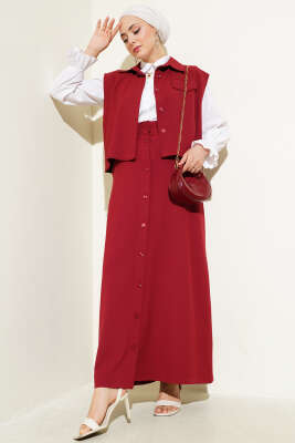 Pazarium - Boydan Düğmeli Yelekli Etekli İkili Takım Bordo