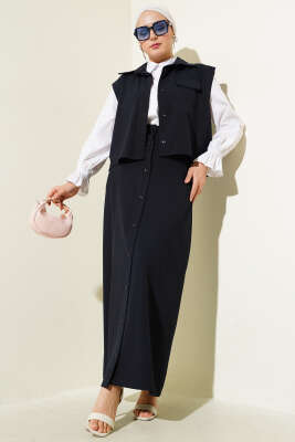 Pazarium - Boydan Düğmeli Yelekli Etekli İkili Takım Lacivert