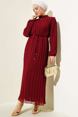 Pazarium - Örgü Kuşaklı Pileli Şifon Elbise Bordo